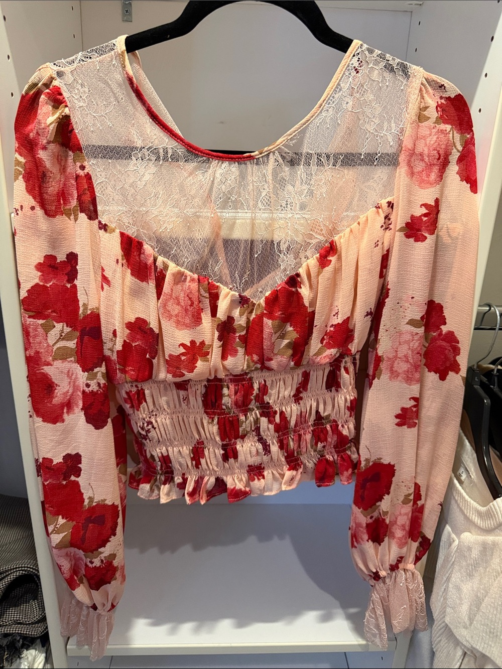Free People Pink and Red Floral Lace-Back Smocked Crop Top